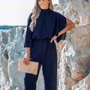 Cupshe Navy Mockneck Blouson Jumpsuit Size XL